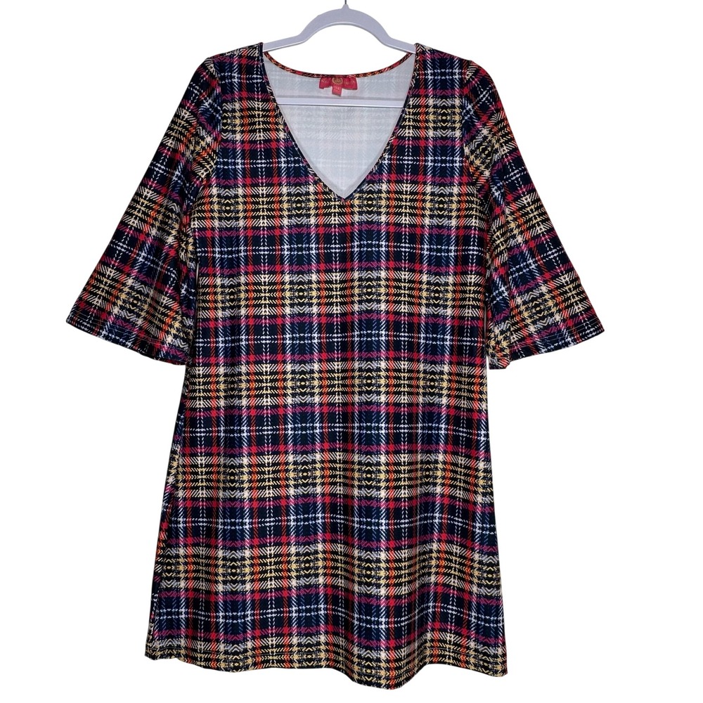 Kaelen Smith Womens Plaid V-Neck Shift Dress Red Navy Bell Sleeve Medium USA